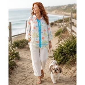 Sigrid Olsen Tropical Palm Tree Floral Button Front Blouse 1X Coastal Cotton Top